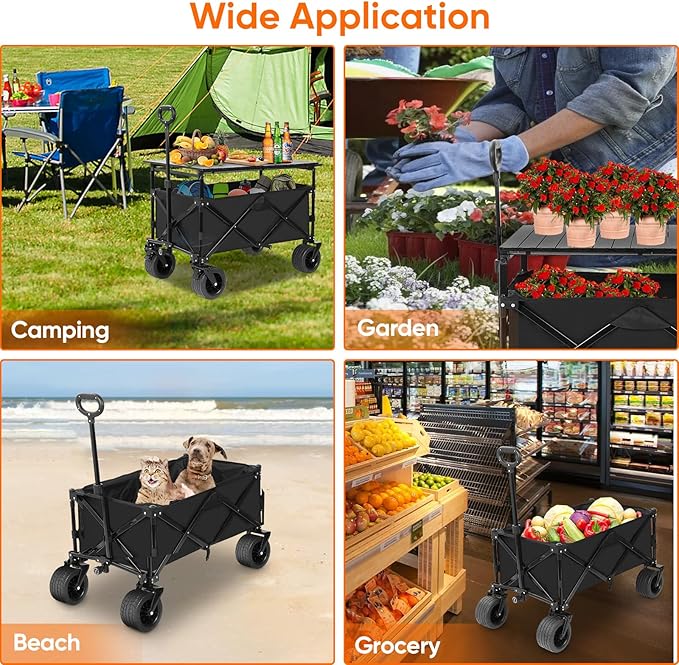 Collapsible Wagon with Table, Large Capacity Foldable Wagons Carts, Beach Wagon with Big Wheels, Heavy Duty Beach Car Utility Wagon for Outdoor Park, Shopping, Sports, Camping, Garden