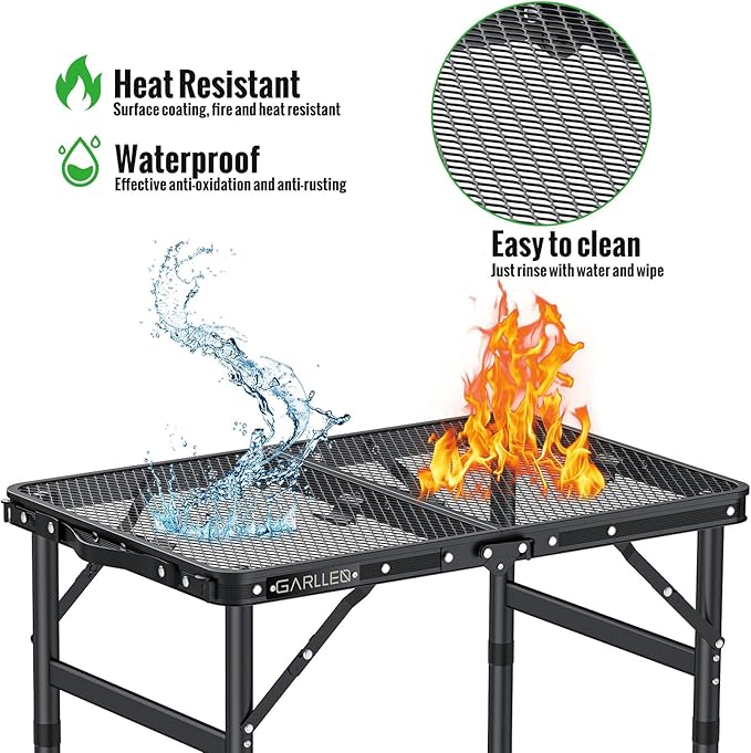 GARLLEN 2ft Folding Grill Table, 3 Adjustable Height Lightweight Camping Table with Heat-Resistant Mesh Desktop, Portable Aluminum Outdoor Tables for BBQ, Camping, Picnic, 22.8" L x 15.7" W, Black