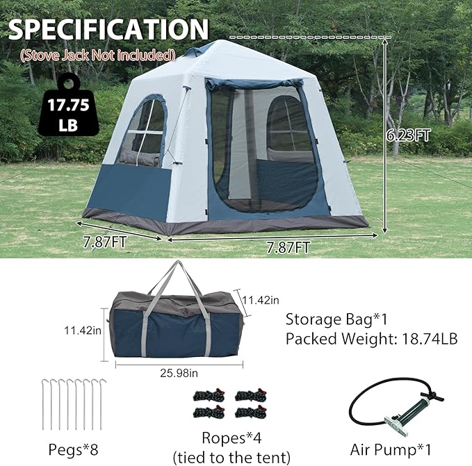 Inflatable Camping Tent for 2-4 Person, Glamping Blow up Tent with Hand Pump, Oxford Waterproof Air Cabin Tent with Mesh Windows & Door