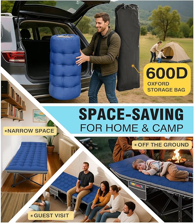 Slendor Oversized Camping Cot XXL, 79" L x 32" W x 19" H Folding Cots for Adults with Mattress, Carry Bag, Cots Bed for Tent, Office, Support 900lbs