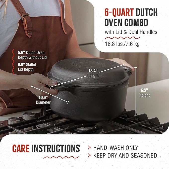 Victoria 6-Quart Cast Iron Combo Cooker, Combination Dutch Oven and Skillet, Made in Colombia, 2-Piece Set