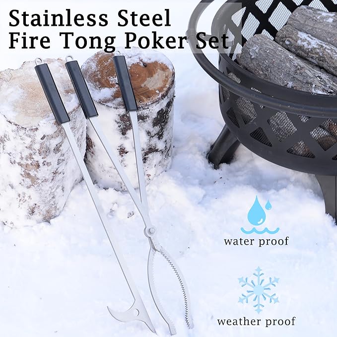 28" Firewood Tongs Set, Stainless Steel Fire Poker and Fireplace Tongs Log Grabber Set for fire pit outdoor Bonfire Wood Stove Fire Pit Use, Portable Rustproof Safely Campfire Tongs