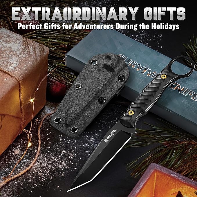 Tanto Fixed Blade Knife - Full Tang Survival Knives for Bushcraft, Camping Knives with Sheath, Black Knives Forged from a Single Piece of D2 Steel, Ideal Gift for Men