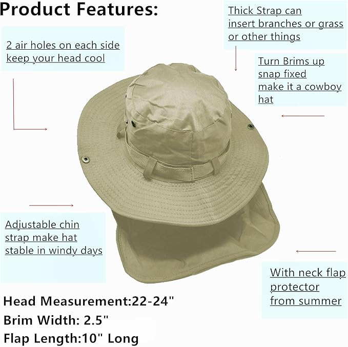 Glory Max Bucket Boonie Hat with Neck Flap Cover Sun Safari Wide Brim Fishing Garden Hiking Cap