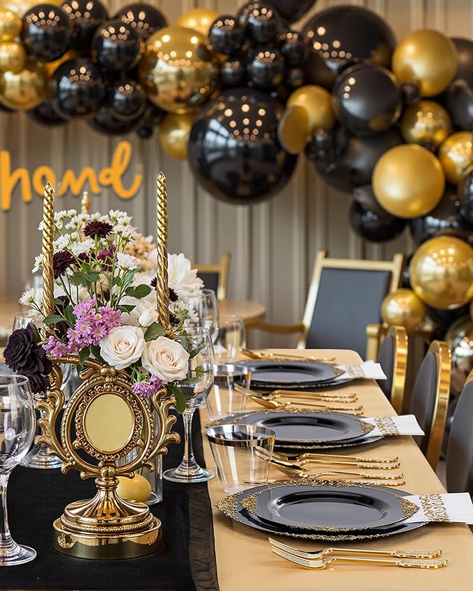 Nervure 100PCS Black Gold Plastic Plates - 7.5 inch Black Plastic Plates with Gold Rim - Disposable Dessert Plates for Wedding & Independence Day & Halloween