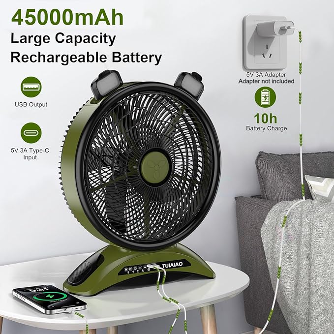 Extra Large Size Camping Fan, 45000mAh Battery Rechargeable Portable Fan,12-Inch Blade & 830CFM Super Airflow, Cordless for Outdoor Large BBQ RV Tent Garage Hurricane Emergencies & Indoor