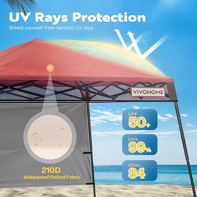VIVOHOME 8x8ft Pop-Up Canopy Tent with Central Lock Design, Slant Legs, Backpack, and Side Wall, Portable Shelter for Camping, Party, Yard, and Beach Events, Red