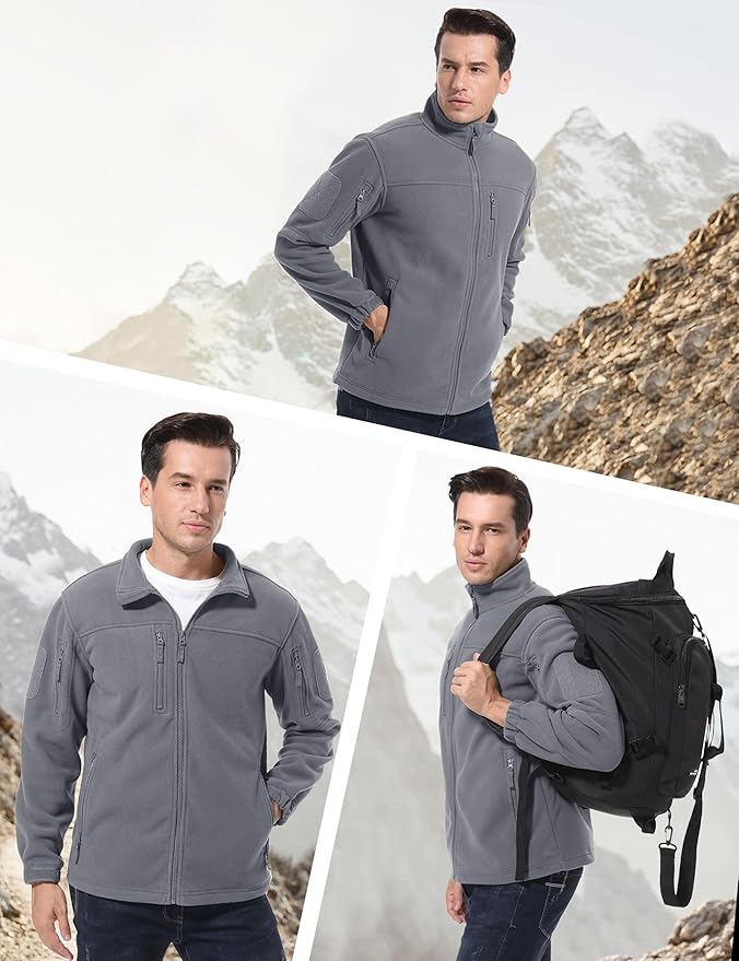 CRYSULLY Men's Fleece Jacket Tactical Full-Zip Winter Coat Jackets Multi Pockets