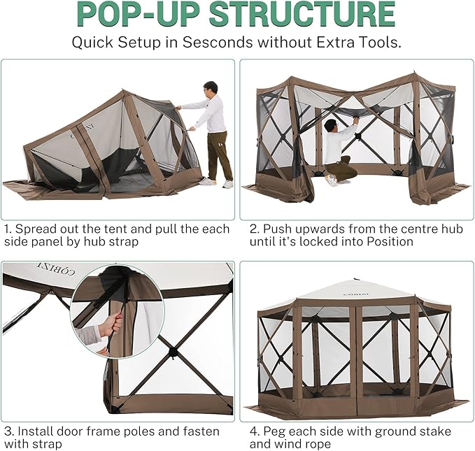COBIZI 12x12ft Pop up Gazebo Screen Tent Screen House for Camping, Camping Outdoor Screened Gazebo with Mosquito Netting, Portable Hub Tent with Carrying Bag and Ground Stakes, Brown(Upgraded 2.0)