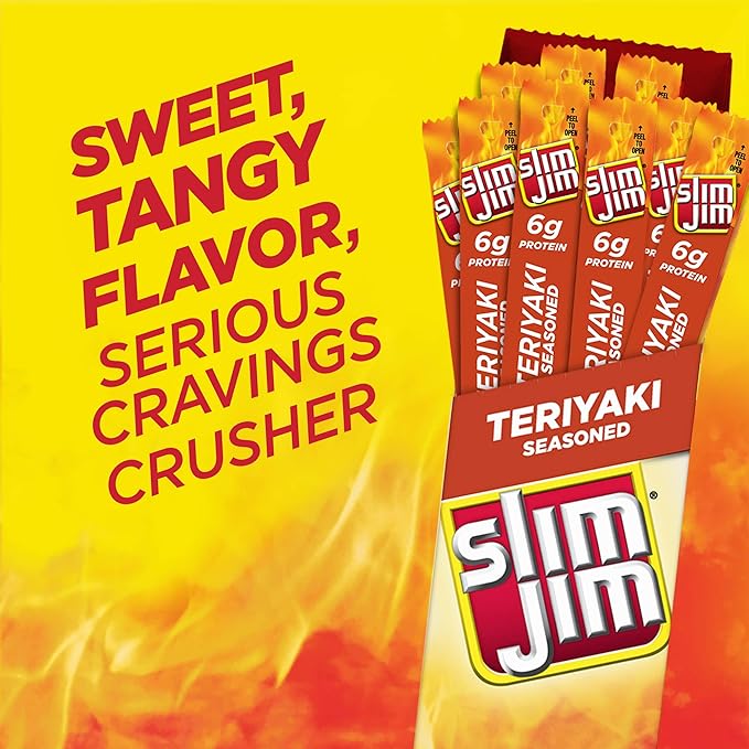 Slim Jim Giant Smoked Meat Sticks, Teriyaki Flavor, 6g Protein Per Stick, 0.97 oz. (24 Count)