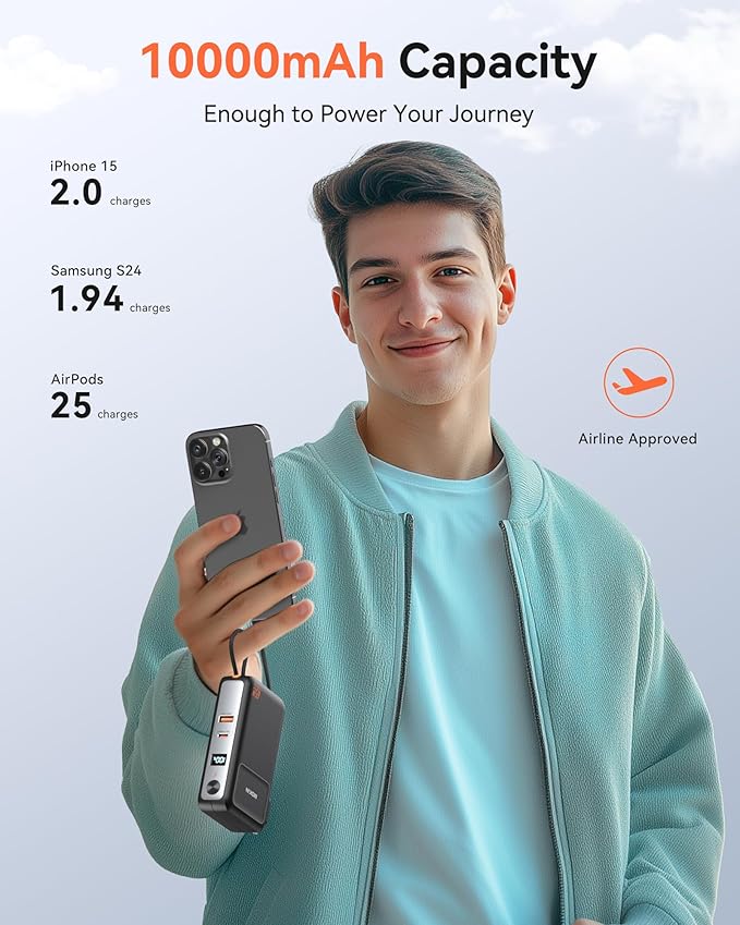 Portable Charger 3 in 1, 10000mAh Power Bank Built in Cable and AC Wall Plug 65W, Phone Battery Pack Fast Charging 35W Max, USB C Travel Chargers for iPhone 16 15 Series, Samsung, MacBook, Laptop
