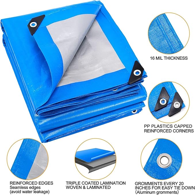 Blue Tarp, Tarps Heavy Duty Waterproof 8x16, Waterproof Plastic Poly 16 Mil Thick Tarpaulin with Metal Grommets Every 19.5 Inches - Emergency Rain Shelter, Outdoor Cover, and Camping Use