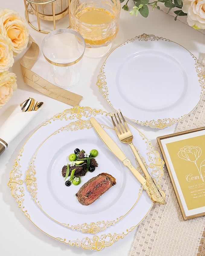 Nervure 100PCS White and Gold Plastic Plates - 7.5inch Gold Disposable Plates - Heavyweight Plastic Plates - Dessert Plates for Wedding & Party & Thanksgiving