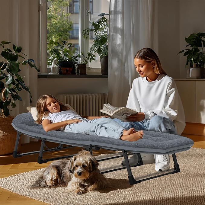 Chaise Lounge Chair, Folding Cot, 6-Angle Adjustable Camping Cot with Mattress for Patio and Beach, Foldable Bed Portable Heavy Duty Lay Flat Reclining with Pillow (Gray, L - 75'')