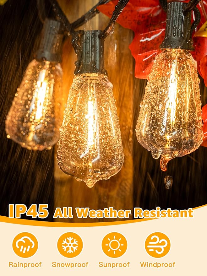 Outdoor String Lights 60FT, IP45 Waterproof ST38 Outdoor Lights with Shatterproof Bulbs (2 Spare Bulbs), 2200K Energy Saving and Connectable Patio Light for Balcony Yard Party Wedding
