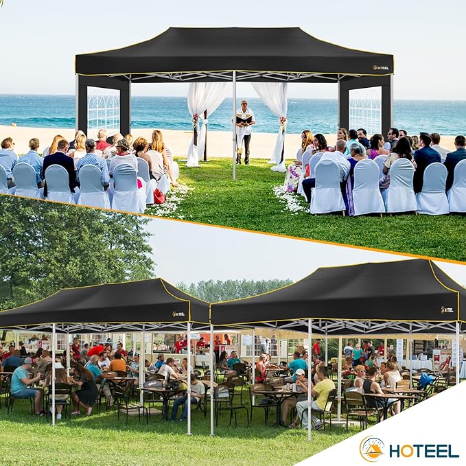 HOTEEL 10x20 Pop up Canopy Tent for Parties, Heavy Duty Easy Setup Tent with 4 Sidewalls, Outdoor Commercial Instant Gazebo for Wedding Event, with Roller Bag & Sand Bags, Black(Hexagonal Frame)