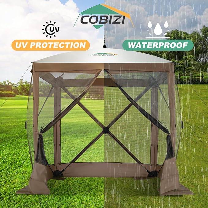 COBIZI 6x6 Pop up Gazebo Tent on Clearance, Ez up Waterproof Screen Tent Screen House with 3 sidewalls,Portable Outdoor Canopy with Carry Bag & Ground Stakes for Camping,Garden and Picnics, Brown