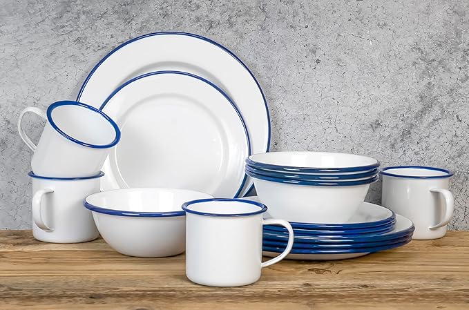 Red Co. 16-Piece Enamelware Metal Dinnerware Set for 4, Solid White/Navy Blue Rim