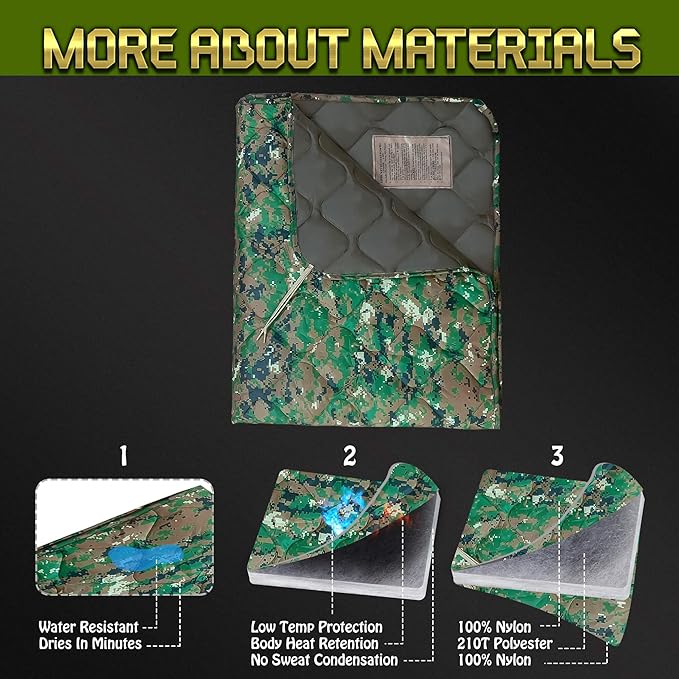 Woobie Blanket, Thermal Insulated Military Poncho Liner, Water-Resistant, Portable, Insulation, for Hiking, Survival with Compression Carry Bag (Marpat)