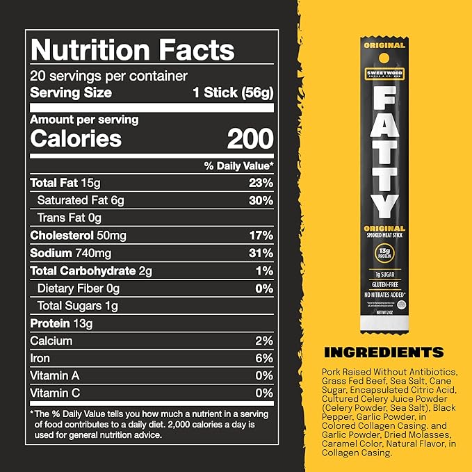 FATTY Meat Sticks, Made with Grass Fed Beef, Pork Raised Without Antibiotics, 13g Protein Per Serving, Original, 2 oz. (Pack of 20)
