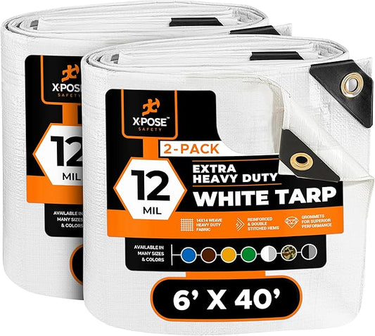 Heavy Duty White Poly Tarp 6' X 40' (2-Pack) - Multipurpose Protective Cover - Durable, Waterproof, Weather Proof, Rip and Tear Resistant - Extra Thick 12 Mil Polyethylene - by Xpose Safety