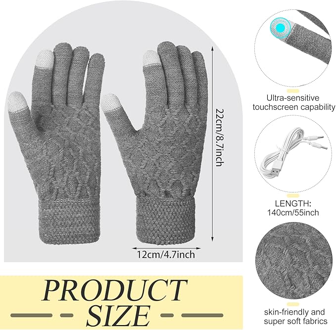 Bencailor 2 Pairs Usb Winter Heated Gloves Mitten Hand Washable Knitting Touchscreen Laptop Gloves