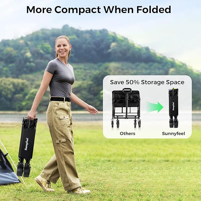 SUNNYFEEL 550L Large Capacity Folding Sports Wagon, 550LBS Heavy Duty Collapsible Cart,Extra High Extender Wagon Cart with Tailgate, All-Terrain Big Wheels for Camping Fishing & Outdoor Use,Black