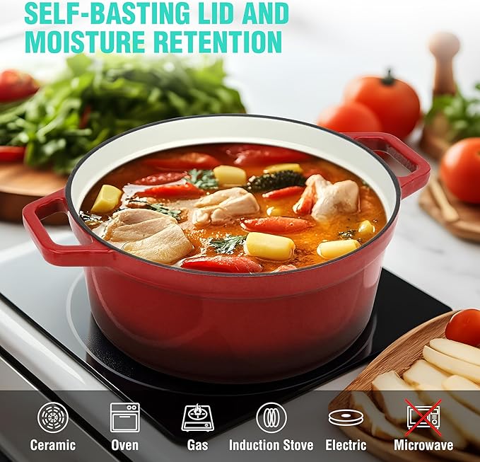 HAUSHOF 5.3QT Enameled Cast Iron Dutch Oven with Lid, Non-Stick Pot for Sourdough Bread Baking, Stewing, Rosting, Island Spice Red