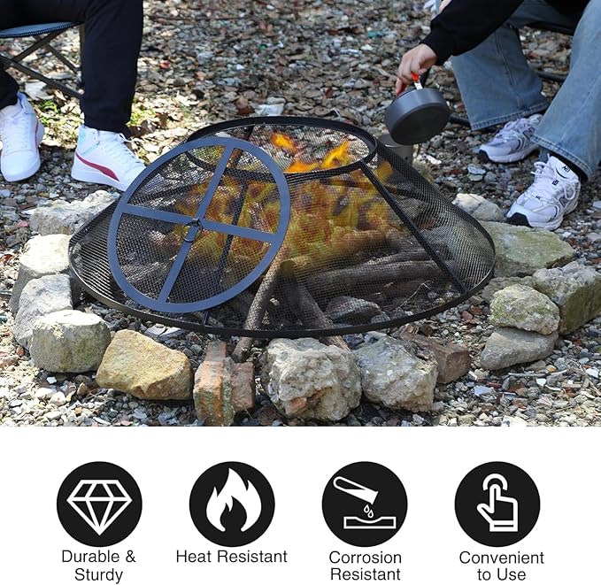 Lineslife Fire Pit Spark Screen 36 Inch Round with Removable Lid, Heavy Duty Collapsible Outdoor Fire Pit Mesh Screens, Metal Firepit Cover for Patio Backyard Beach RV Camping, Black