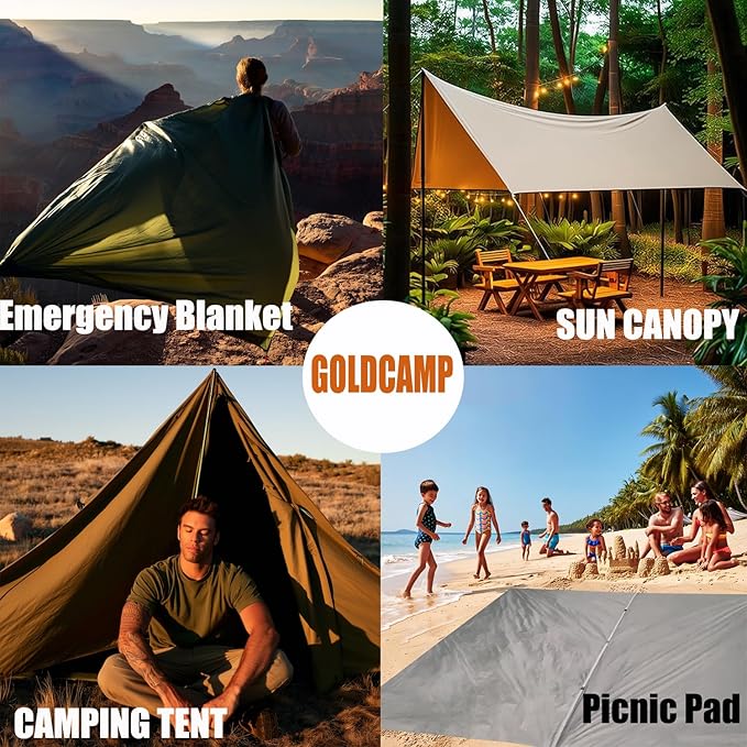 GOLDCAMP Waterproof Camping Tarp,70D Nylon 10X13.2ft Hammock Rain Fly ,UV 50+ and PU15000mm Tent Tarp Shelter Canopy,Heavy Duty Multifunctional Sun Shade Essentials for Hiking (120''X120'')