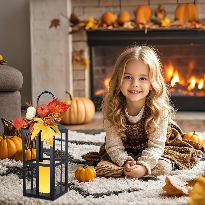 Bdor 2 Pack Fall Lantern Decor with LED Candle – 17.7 Inch Harvest Pumpkin Maple Leaf Hanging Lantern for Autumn Thanksgiving Table Centerpiece Indoor Outdoor Decoration, Battery Operated