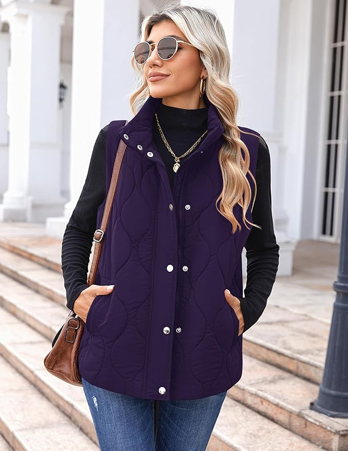 Zeagoo Puffer Vest Women Sleeveless Quilted Jacket Lightweight Snap Zip Up Stand-up Collar Down with Pockets Outerwear