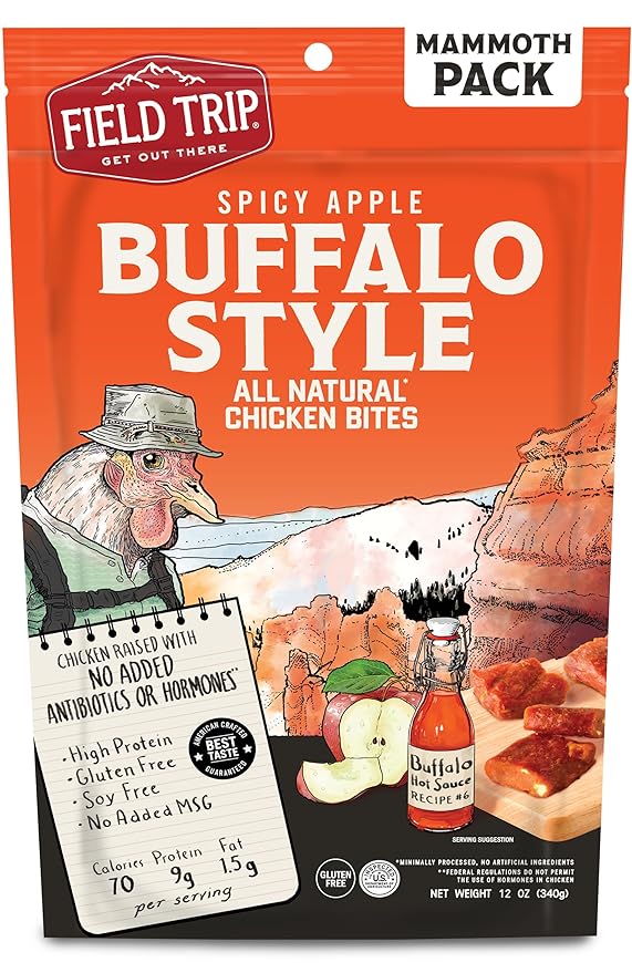 Field Trip Chicken Jerky Bites, All Natural and Gluten Free, Keto and Paleo-Friendly Healthy Snack, Low Calorie, High Protein Snacks with No Nitrates, 12oz Bag, Spicy Buffalo Style