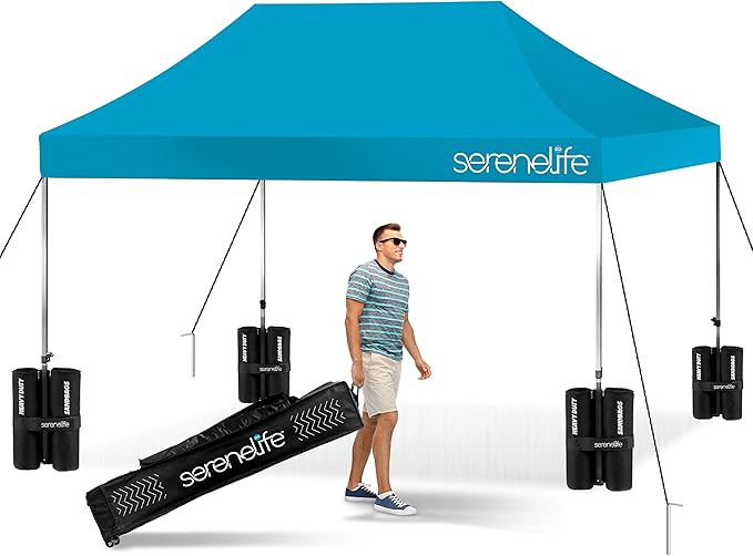 SereneLife SLGZ15SB Pop Commercial Instant Shelter-Waterproof Polyester Tent with Portable Wheeled Carry Sand Bag, 10 x 15 ft. (Sky Blue), 10x15