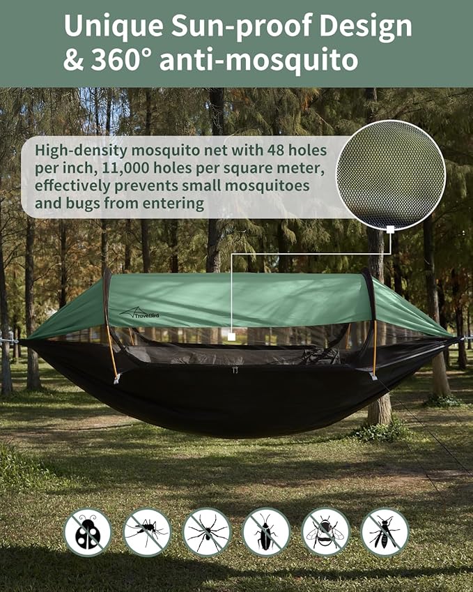 Camping Hammock Tent with Mosquito Net and Sunshade, Extra Large for 2 Person, Lightweight Hanging Hammocks Tree Straps, Bivvy Ground Tent for Outside, Hiking, and Travel
