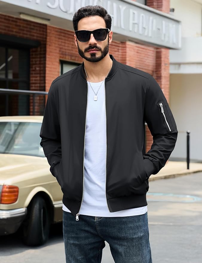 TACVASEN Mens Bomber Jacket Plaid Lined Casual Windbreaker Stylish Light Fall Spring Jackets Windproof Zip Up Coat