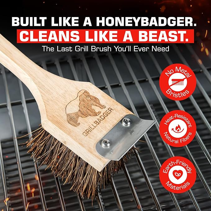 The Original Non Metal Grill Brush for Outdoor Grill – Natural Wooden BBQ Cleaner with Grill Scraper, High-Temp Heat Resistant BBQ Cleaning Brush, Safe for Cast Iron Grates, Outdoor Tools