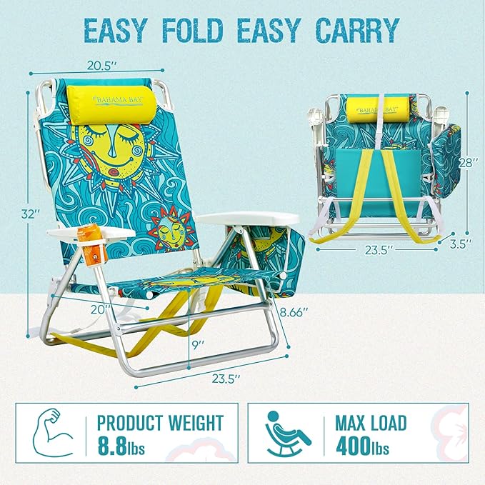 Reclining Beach Chair Backpack 5-Position Lay Flat Lounge Chair for Adults Heavy Duty Portable Folding Lightweight with Cooler Bag Camping Chair for Sand Outdoor