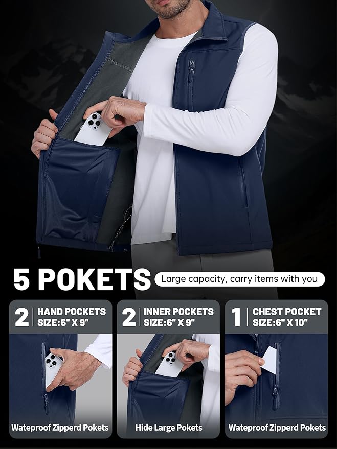 Mens Windproof Golf Vest Outerwear Fleece Lined Softshell Sleeveless Lightweight Jacket