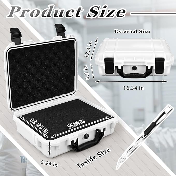 16.3 x 12.4 x 6.5 Inch Waterproof Hard Case with DIY Customizable Foam Insert Portable Protective Case with Knife for Camera Drones Equipments Tools Test Instruments (White)