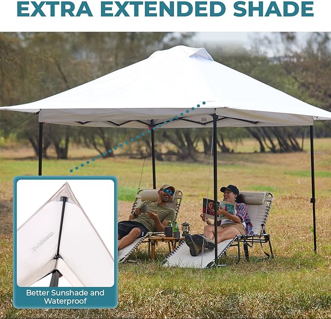 FUNDANGO 10x10 Pop Up Canopy Tent, Beach Canopy Tent, Outdoor Sunshade Canopy with Quick Open Frame, Extra Eave&Wheeled Carry Bag, Silver Coated top, Khaki