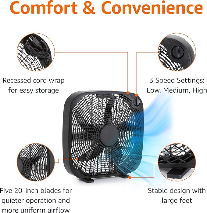 Amazon Basics 3 Speed Box Fan, Indoor Electric Fan for Home Cooling, 5 Blades, Lightweight Design, 67 Watts, 20-Inch, Black, 6.8"D x 20.86"W x 21.33"H