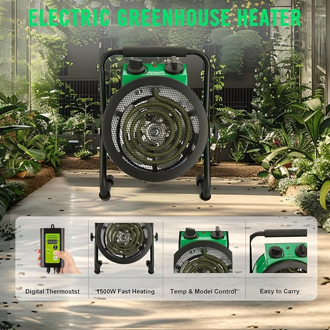 Greenhouse Heater with Digtal Thermostat, 1500W Electric Greenhouse Heaters, Fast Heating with Overheat Protection, Grow Tent Heater for Green House, Outdoor, Patio, Flower Room, Green
