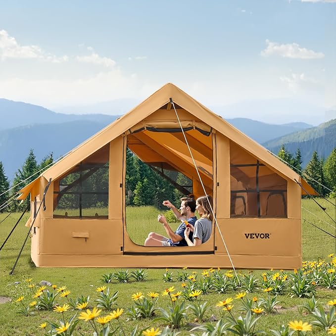 VEVOR Inflatable Tents for Camping, Easy Setup Blow up Tent with Hand Pump, 4 Season Glamping Tent with Stove Jack, Doors & Mesh Windows, Storage Bag Included for Easy Taking