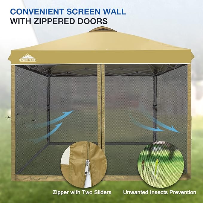 EAGLE PEAK 10x10 Outdoor Easy Pop up Canopy with Netting, Instant Screen Party Tent with Mesh Side Walls, Beige