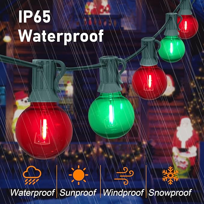 GOOTHY 50Ft Outdoor Red/Green Christmas Lights, G40 Globe Patio String Light with 25 Shatterproof Bulbs(2 Spare), Outside Christmas Lights for Holiday Party Backyard