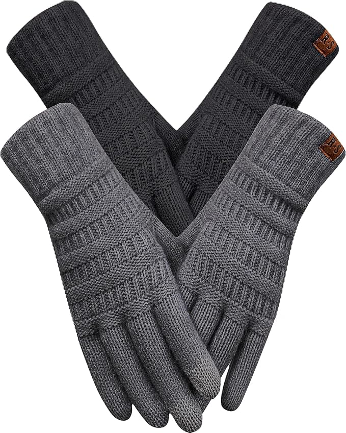 REACH STAR 2 Pairs Winter Gloves for Women - Upgraded Touch Screen Warm Knit Gloves Cold Weather, Soft Fleece Lining Elastic