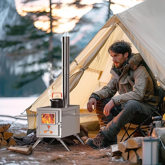 Hot Tent Stove, Camping Wood Stove for Tent, Portable Stainless Steel Wood Burning Stove with 7 Chimney Pipes for Wall Tent Camping, Cooking, Ice Fishing, Hunting, Boiling Water - Medium