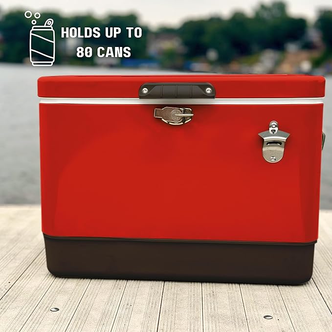 FSE Retro Metal Cooler, 80 Can/54 Qt. Capacity, Hard-Sided, Two Tone, Holds Up to 80 Beverage Cans, Metal Construction with Plastic Lining