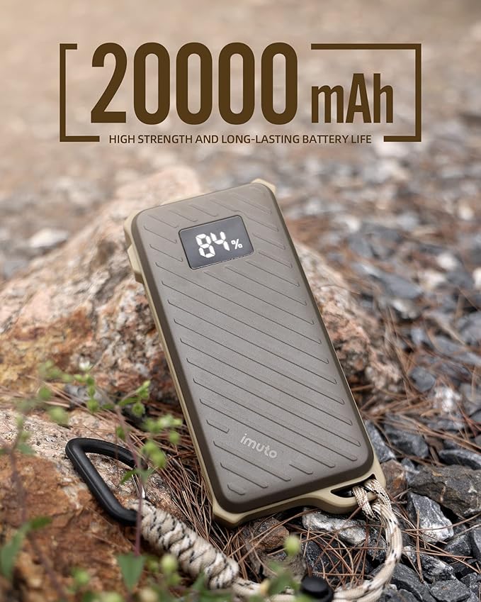 imuto Waterproof Power Bank, 20000mAh Portable Charger 65W Fast Charging USB C PD 3.0 Heavy Duty Battery Pack, Rugged Power Bank for iPhone Tablet Laptop Hiking Travel Camping
